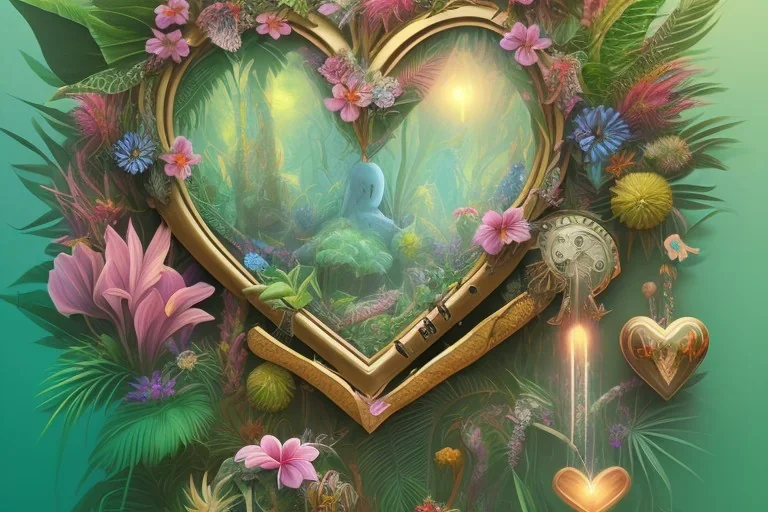 Tropical flowers, realistic heart drawing, crystals, tropical leaves, sacred altar, Fantasy home, cute animal.