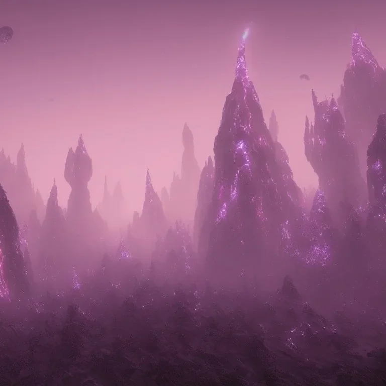 ALIENS FLOATING in the fog, FOGGY NIGHT, mountains, GLOWING, PURPLE, TOWERS, 4K, 8K, CINEMATIC