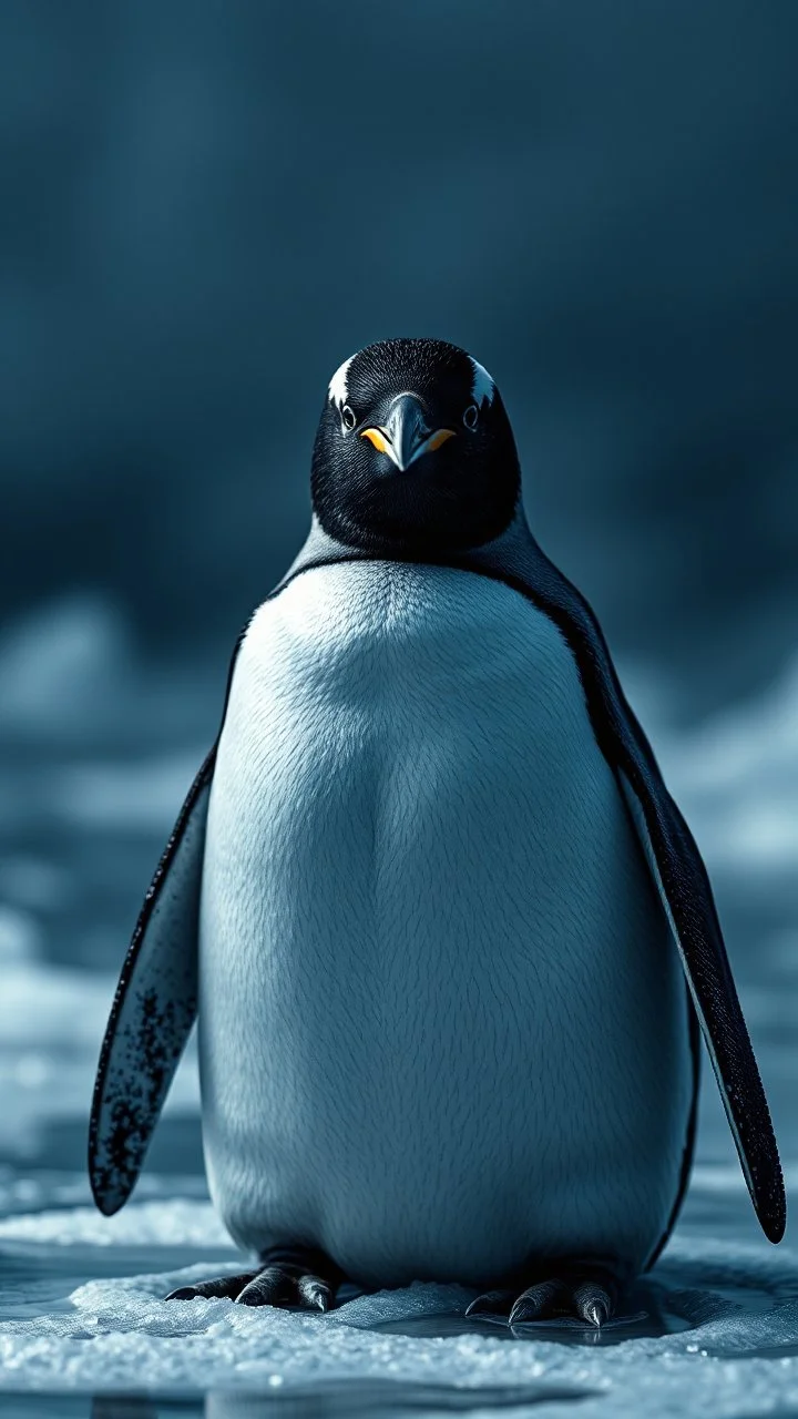 ,surrealism of the dark of a nightmare , hyper photorealistic, hyper detailed bright art color, high resolution, fog, octane render, tilt shift, HDRI Environment, all pictures dark gray, a front view of a penguin in the melted ice