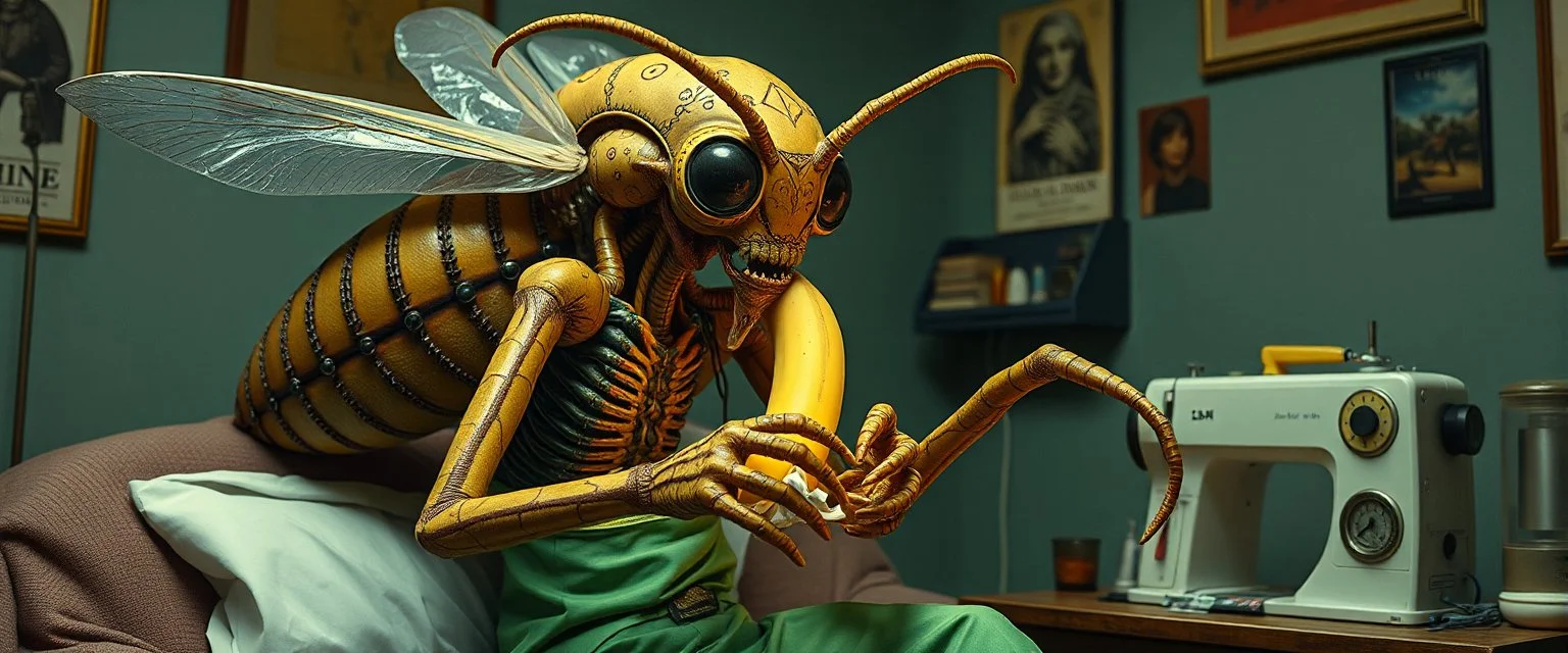 Xixchil Insectoid alien surgeon covered in bizarre biological modifications and extra limbs. Sewing machine, banana Keeps offering completely unnecessary “improvements.” in 90s apartment and clothes