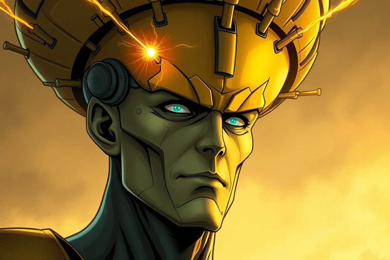 Portrait of a superhero Brainiac, large extended cranial head with sparkplug-like devised implanted in his oversized head, super-villain, Marvel aesthetic,