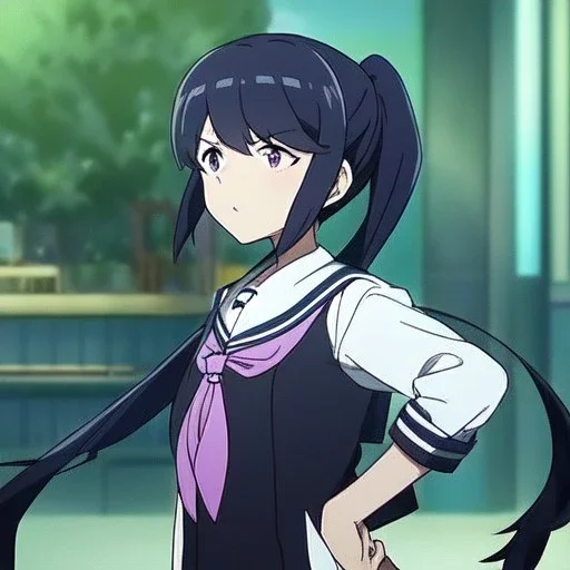 Clear focus, High resolution, short black fluffy hair, long locks, chopped bangs, pony tail, purple eyes, wearing a sailor uniform, (solo), anime screencap, pixel