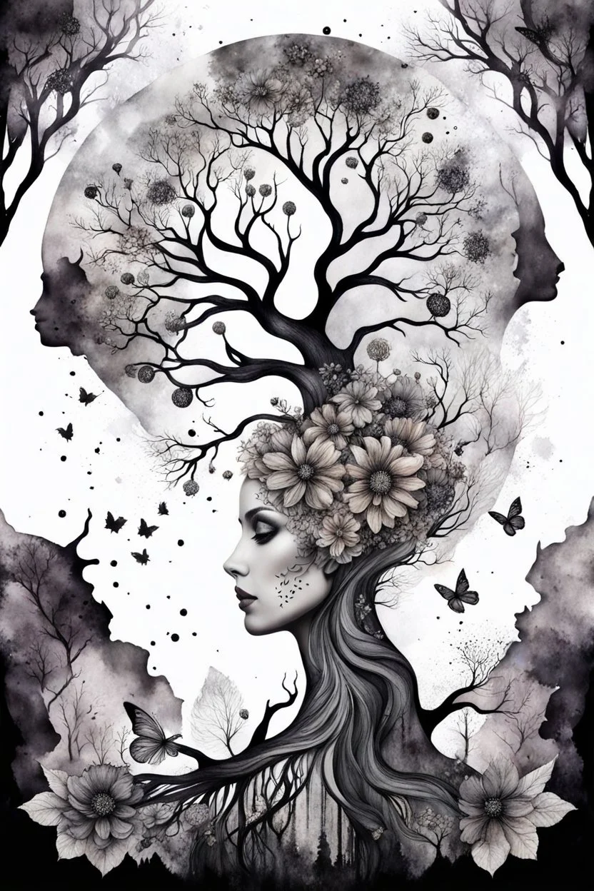 double exposure dry tree with fantasy flowers and profil one fairy face, black and gray and silver watercolor with weet ink, deep dark , surreal, dramatic atmosphere. intricate, stunning textures , mystery. stunning illustration