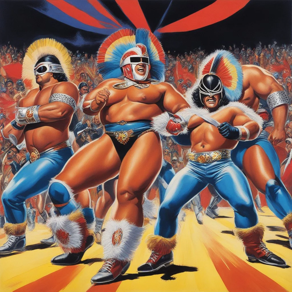 [art by Mil Mascaras] Servin' jive turkey to the dynamic quatro and the only ones built like Amazons, in the living room