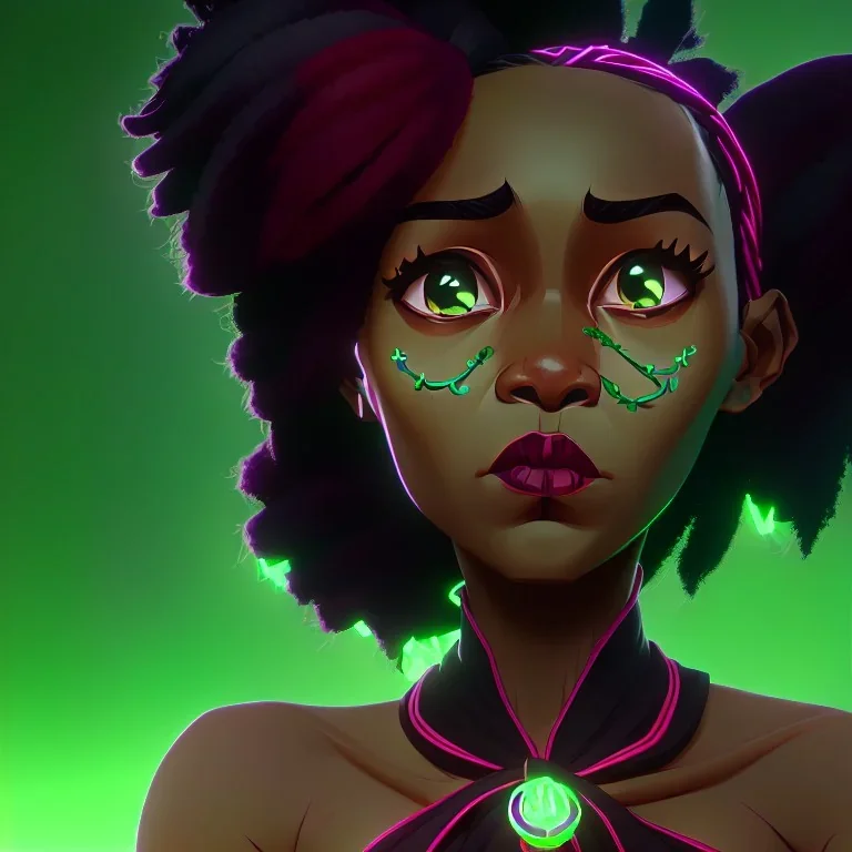 flora Cherry is a black girl with green curly hair neon eyes with a bow