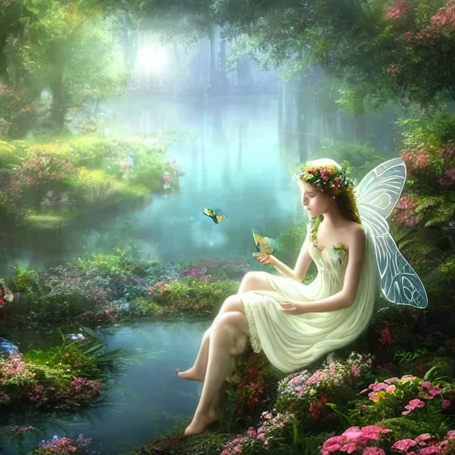 high-quality, fine-detail closeup of beautiful, stunning fairy sitting beside a clear, reflective lake, flowers, butterflies, small globes of iridescent light, tranquil, gorgeous, 8k resolution, 3D octane render, intricate, digital art, detailed matte, volumetric lighting, George Grie, Anne Dittman, Anne Stokes, Lisa Parker, Selina French,