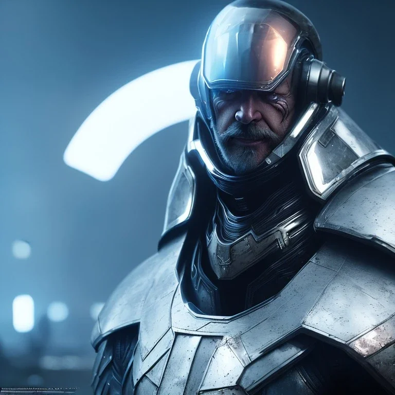 Epic Character design, Male space soldier wearing metal armor black, mist, photorealistic, octane render, unreal engine 5 style, ultra detailed, volumetric lighting, Dark Alien planet, middle-aged man with helmet scarred face with beard