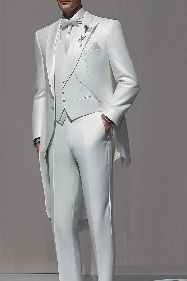 White and grey men's wedding suit with white gold tiePhotorealistic