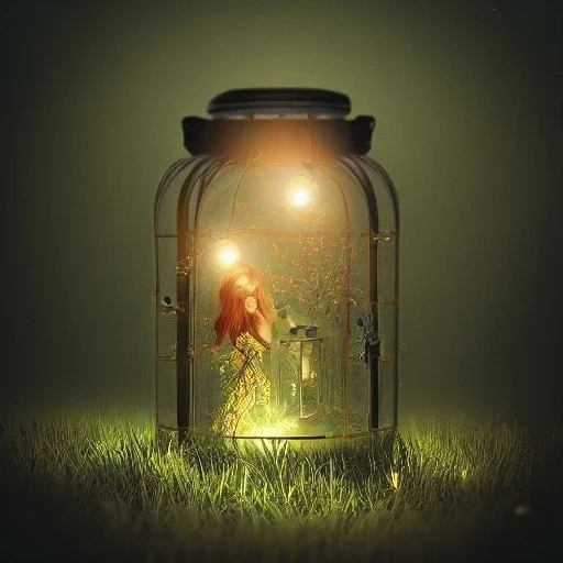 glowing Garden Pixies and Fairies in a lantern, many ghostly lights inside a belljar, fairy lights, polaroid, symmetry, bioluminescence, luminescent glow, moody, tender, photorealistic, octane render, golden hour,MTG,digital painting,by Anna Dittmann