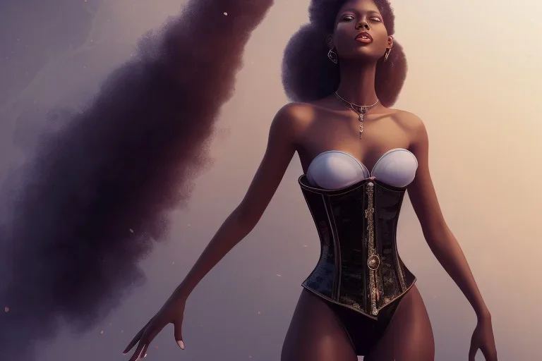 A portrait of a beautiful youthful black woman, wearing a black corset, long black hair, wizard, magical, ethereal, Warm bright lighting. Concept art by wlop. Ultra quality 8k.