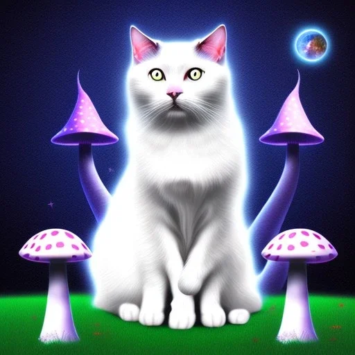 mystical white cat sits on a psychedelic mushroom