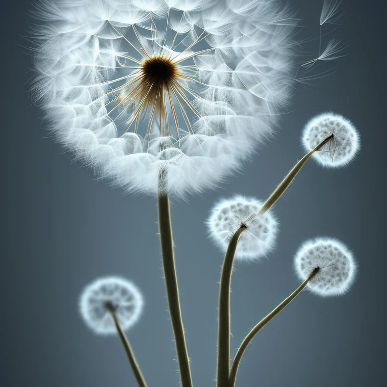 a small, fluffy dandelion on fire at the middle left part of the picture, dreamlike minimalist art with a lot of white space around it