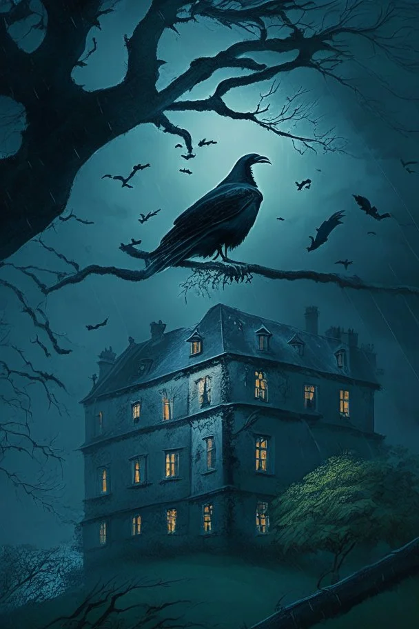 An old English mansion on a hill on a stormy night. A large crow is watching the flickering light from a window. The crow is on a branch in a large, leafy, horse chestnut tree.