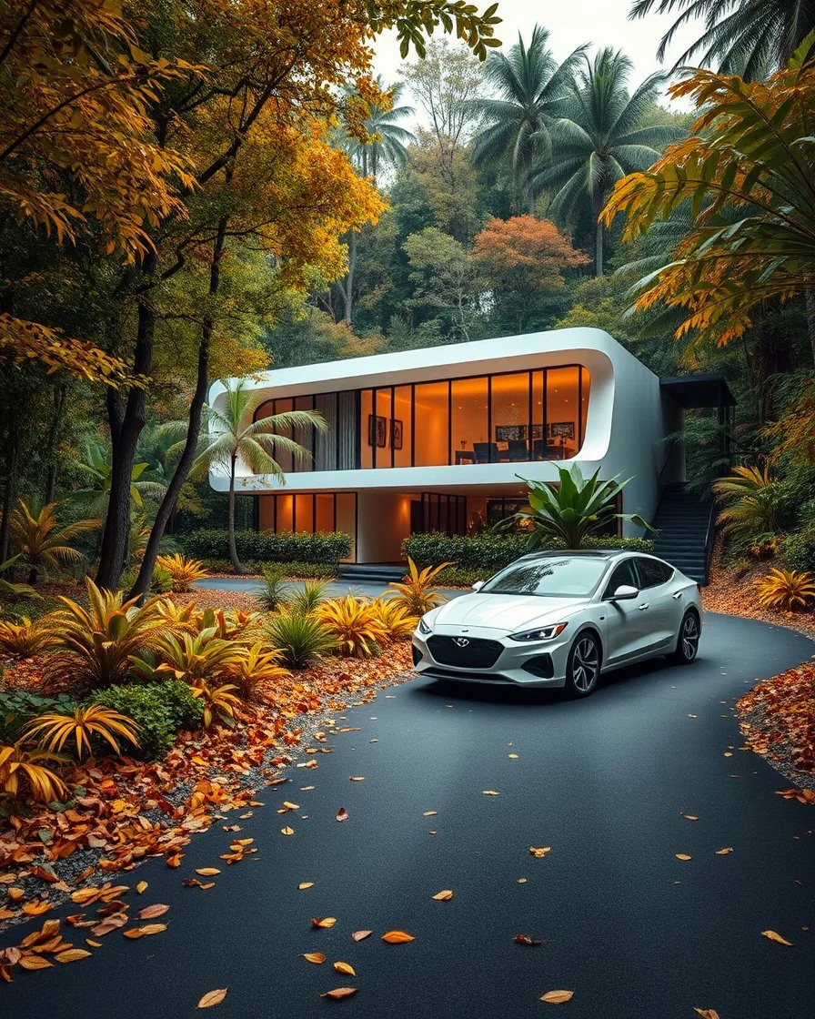 Cozy retreat, futuristic modern house in an tropical forest of vibrant colors. Contemporary design, clean lines and large windows, radiate a feeling of warmth and comfort. A white car parked on the winding road that leads to the house gives a touch of modernity to the rustic surroundings. The path is scattered with leaves. Around the house, mix of green, orange and yellow foliage. 8k