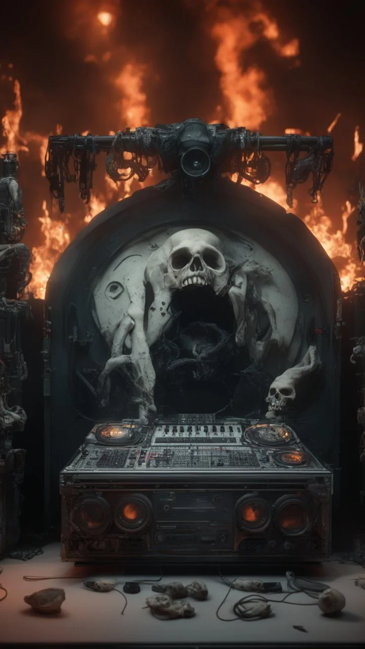 DJ of the damnded, insanely detailed DJ booth in hell, MID set, speakers and equipment made of bone, anatomically correct, add more skulls in th audience, photorealism, vray, 8k 3d