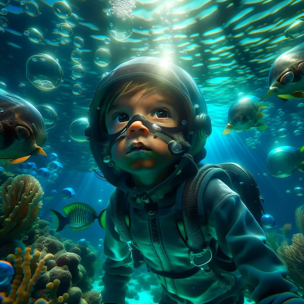 Make a image of a young boy wearing scuba gear, underwater with fish, jellyfish and bubbles. Low angle view looking up towards the surface of the Ocean, Photorealistic.