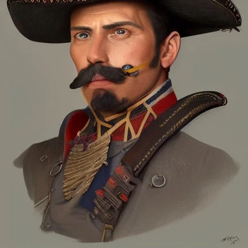 portrait,"Insanely detailed photograph of a male western mustachioed crossbowman", detailed charro and Sombrero, digital painting,eye patch, cigar, artstation, concept art, sharp focus, illustration, art by artgerm and greg rutkowski and alphonse mucha, 8 k,fantasy, unreal engine