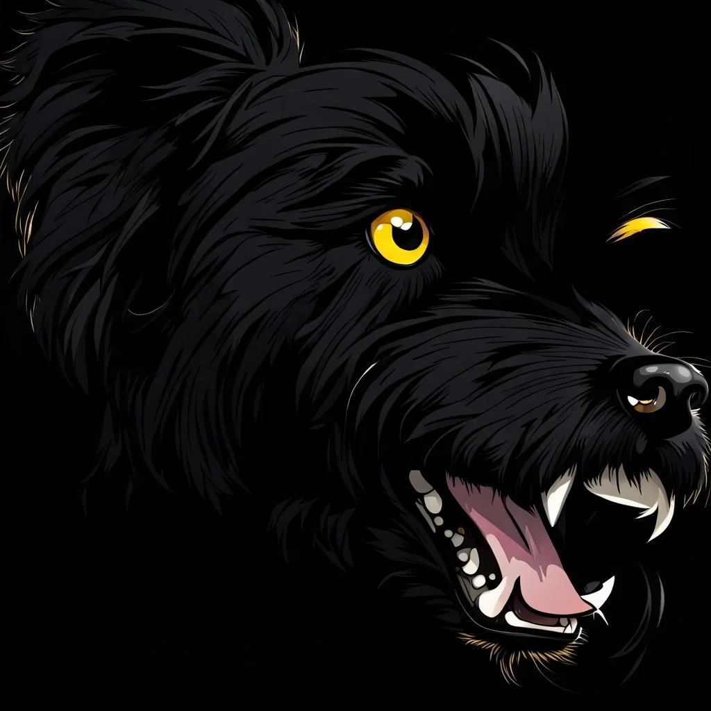 an angry scruffy black terrier on black background, yellow eyes, illustration