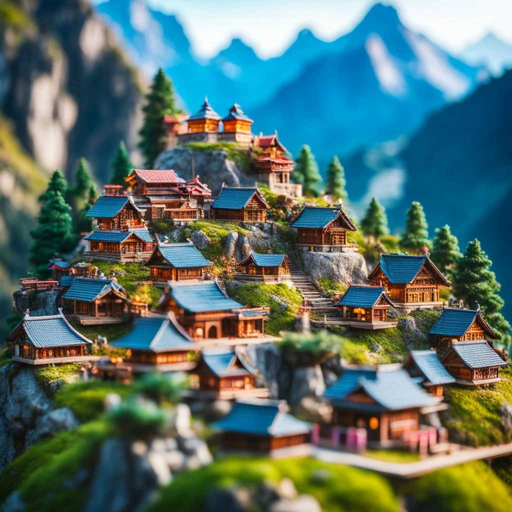Miniature Himalayan village and a monastery on the top of the mountain with bokeh effect adventure.