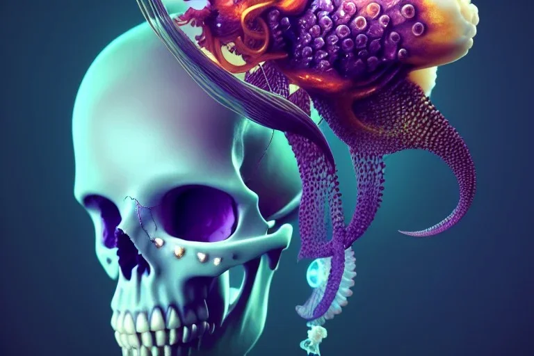 goddess close-up portrait skull with mohawk, ram skull, skeleton, thorax, x-ray, backbone, jellyfish phoenix head, nautilus, orchid, skull, betta fish, bioluminiscent creatures, intricate artwork by Tooth Wu and wlop and beeple. octane render, trending on artstation, greg rutkowski very coherent symmetrical artwork. cinematic, hyper realism, high detail, octane render, 8k