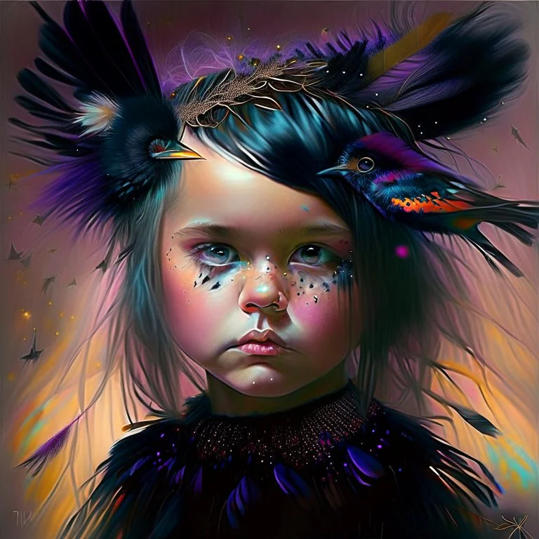 #Leonardai Starling , photorealistic ,pop surreal , lowbrow art ,enchanting portrait of a cute little girl ,representing a starling , feathers in her hair ,black and vibrant colors , sweet , magical , cosy warm light , whimsical, alluring , dazzling ,, expressive