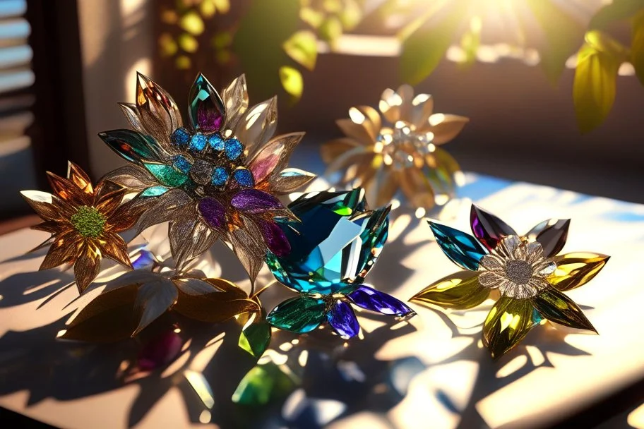 Coloured glass flowers set with gemstones, glittering metal stems and gemstone leaves on a room table sharp focus elegant extremely detailed intricate very attractive beautiful dynamic lighting fantastic view crisp quality exquisite detail in the sunshine gems and jewels