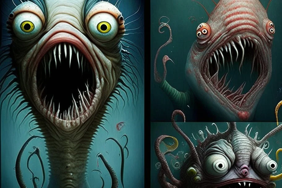 thousand creepy fingers and thousand creepy eyes in artistic form by Chet Zar and Anton Semenov and Michael Hussar spine-chilling mind-bending in a style of Dec-Art thousand opened eyes - XENO digital art All in one : hyper realistic fantasy eerie fusion of monster and earthworm JIM and Clownfish and Grumpy Cat and alien into one with a thousand creepy fingers, levitating, albino, sharp digital painting, video game digital art, anthropomorphic space shark, trevor phillips, cute little troll,