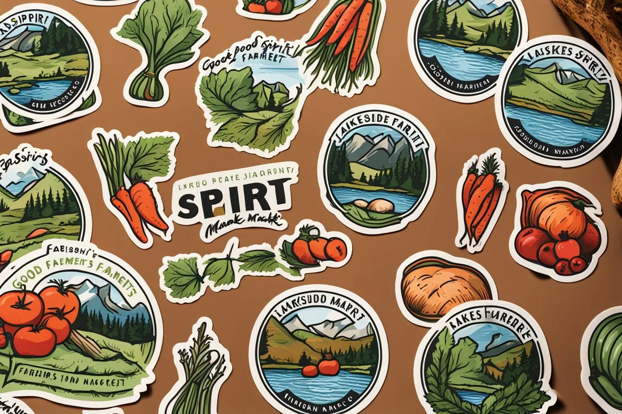 Stickers for a lakeside farmers' market "Good Spirit Market" in a national parks sticker style, featuring illustrations of fresh produce