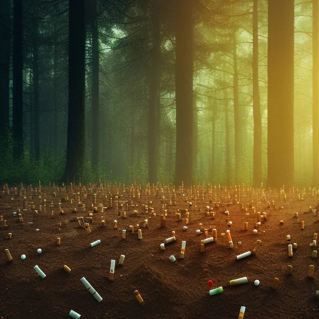 a forest made of cigarette butts. post-apocalyptic, hyperdetailed, lens flare, bokeh, low-key lighting, kodachrome