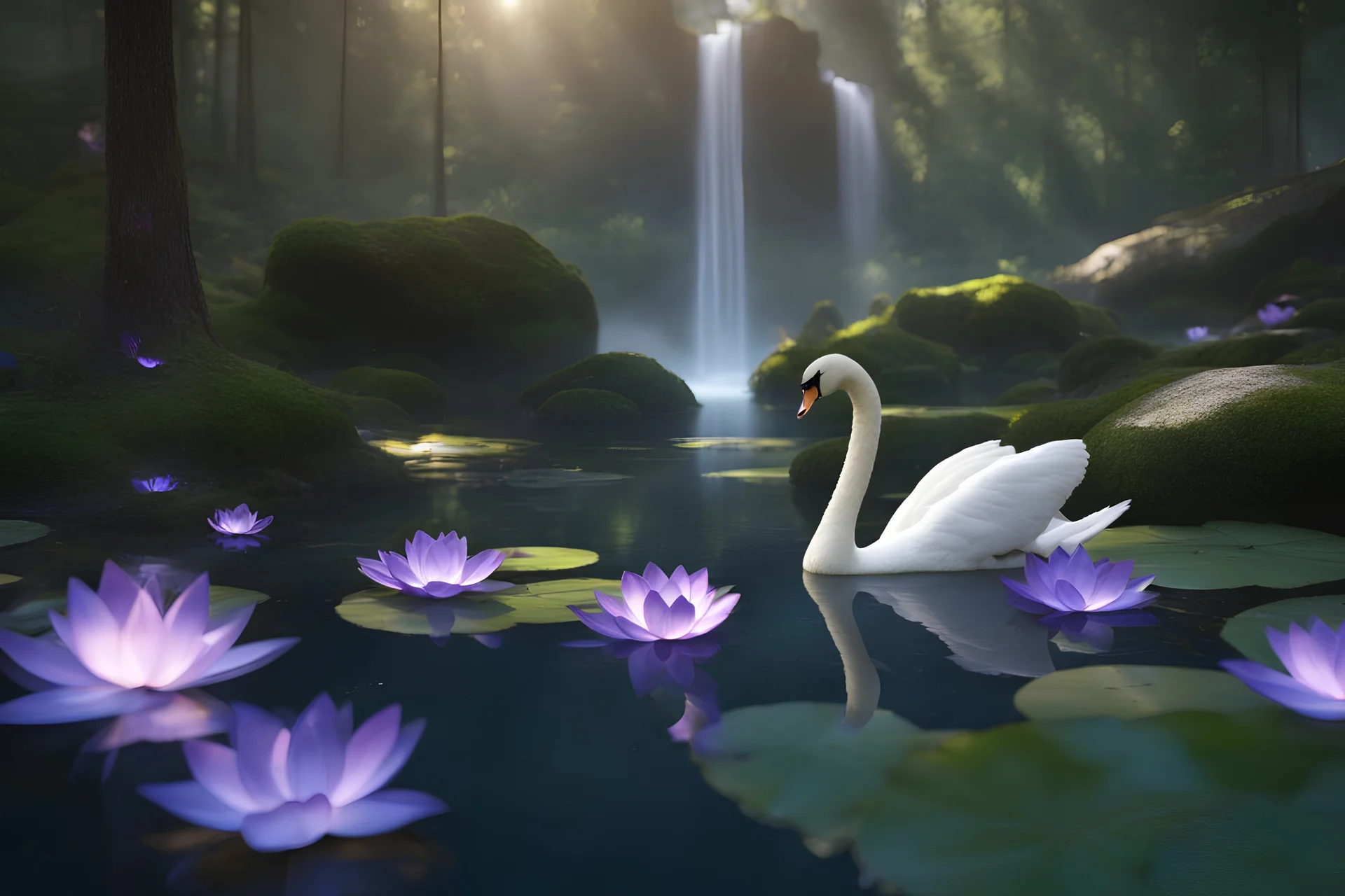 amethysts crystals, with transparency, in a forest with beautiful light, swan on lake, reflexion, waterfall, enchanting, magical, photorealistic, hyper-realistic, butterflies and lotus flowers, ultra sharp focus, ultra high definition, 8k, unreal engine5