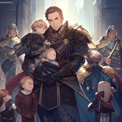 Boy wearing leather armor protecting family