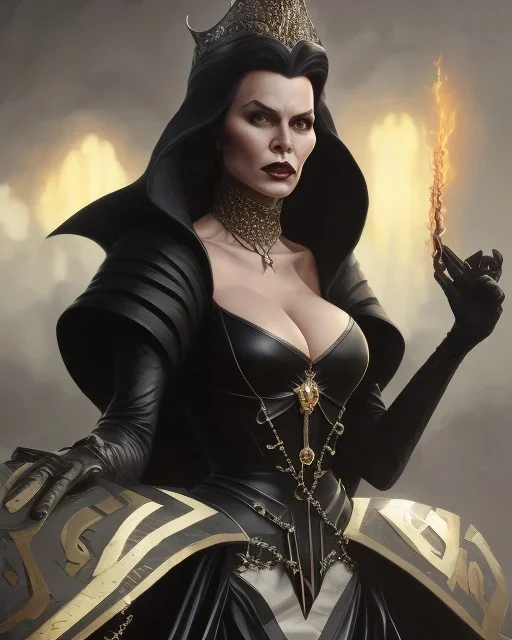 old evil queen in black leather gown, femme fatale, volouptous, busty, cleavage, angry, emperious, 8k resolution concept art portrait by Greg Rutkowski,