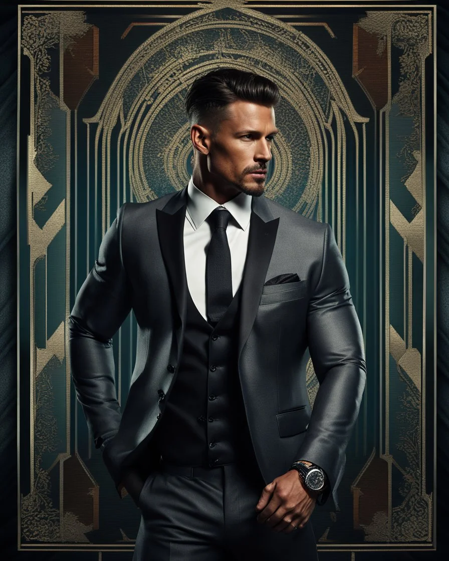 portrait of a 35 year old Handsome muscular male leader with lightly tanned skin and tattoos. Dark hair cut short and a goatee beard. wearing an armani suit. photorealistic