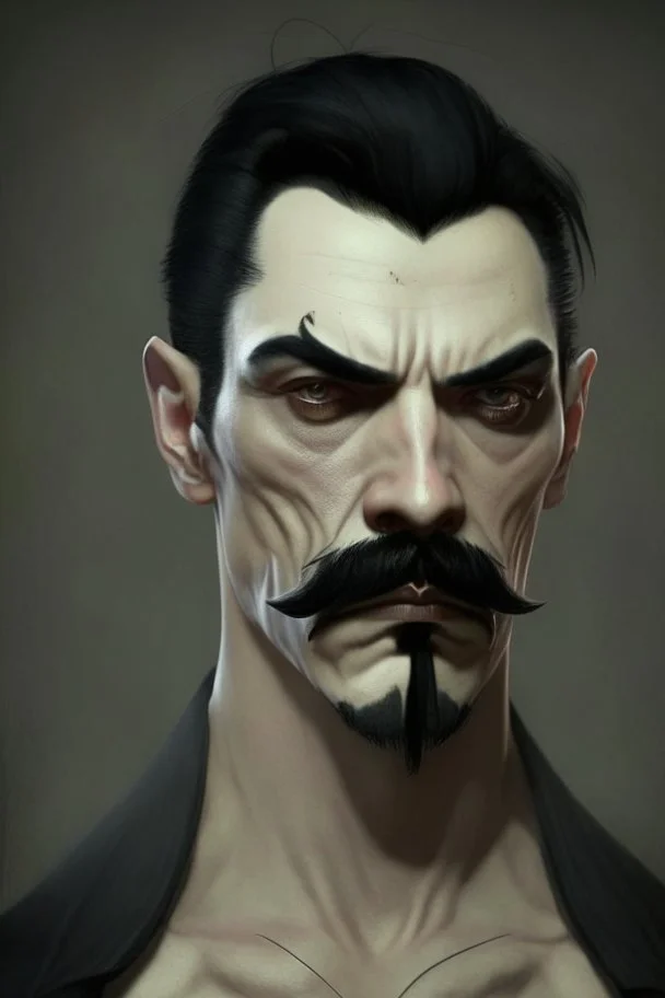 short wirey lean muscular trimmed goatee moustache sterm serious short black hair pale skin ghoul