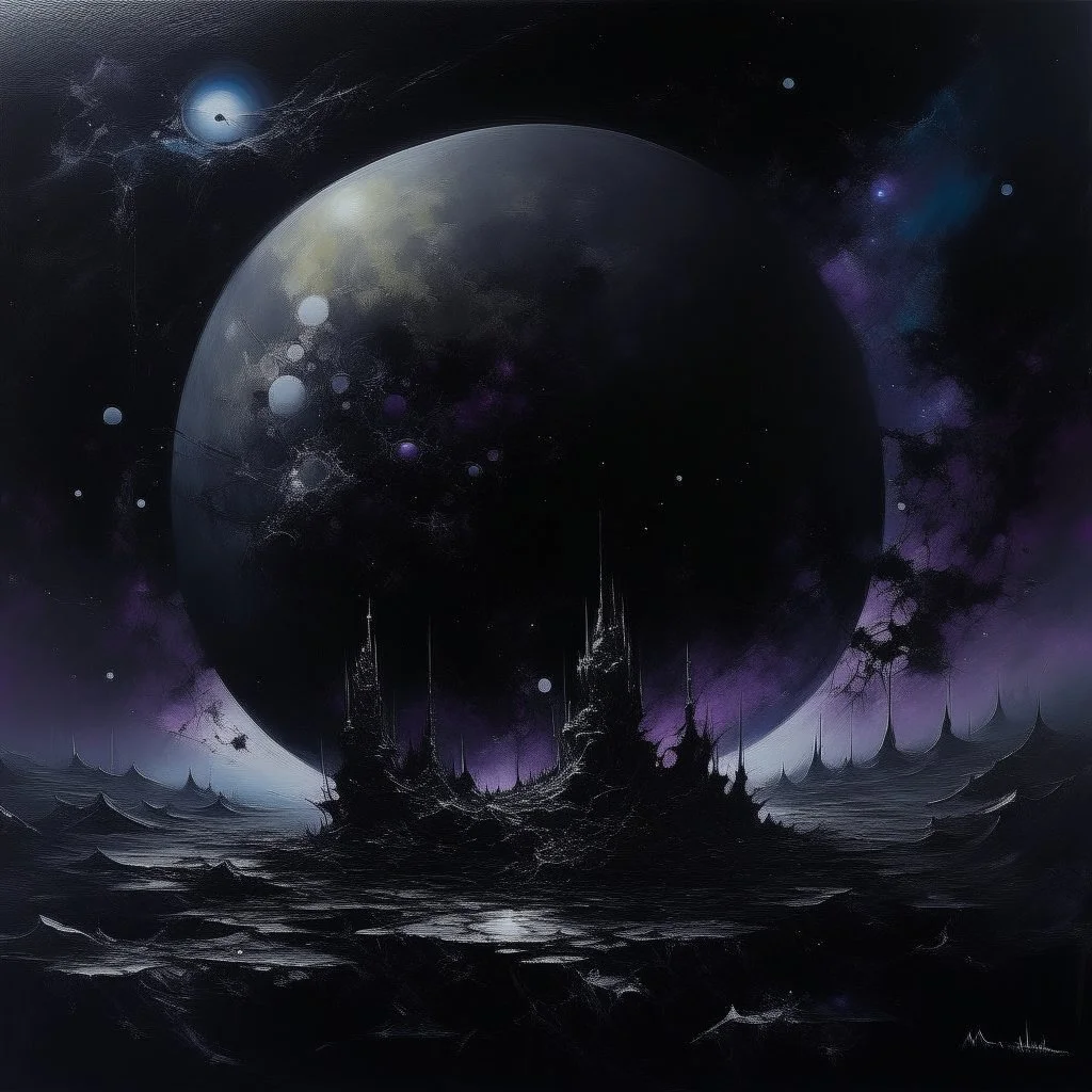 A purplish black shadow moon empire in outer space painted by Cai Jia