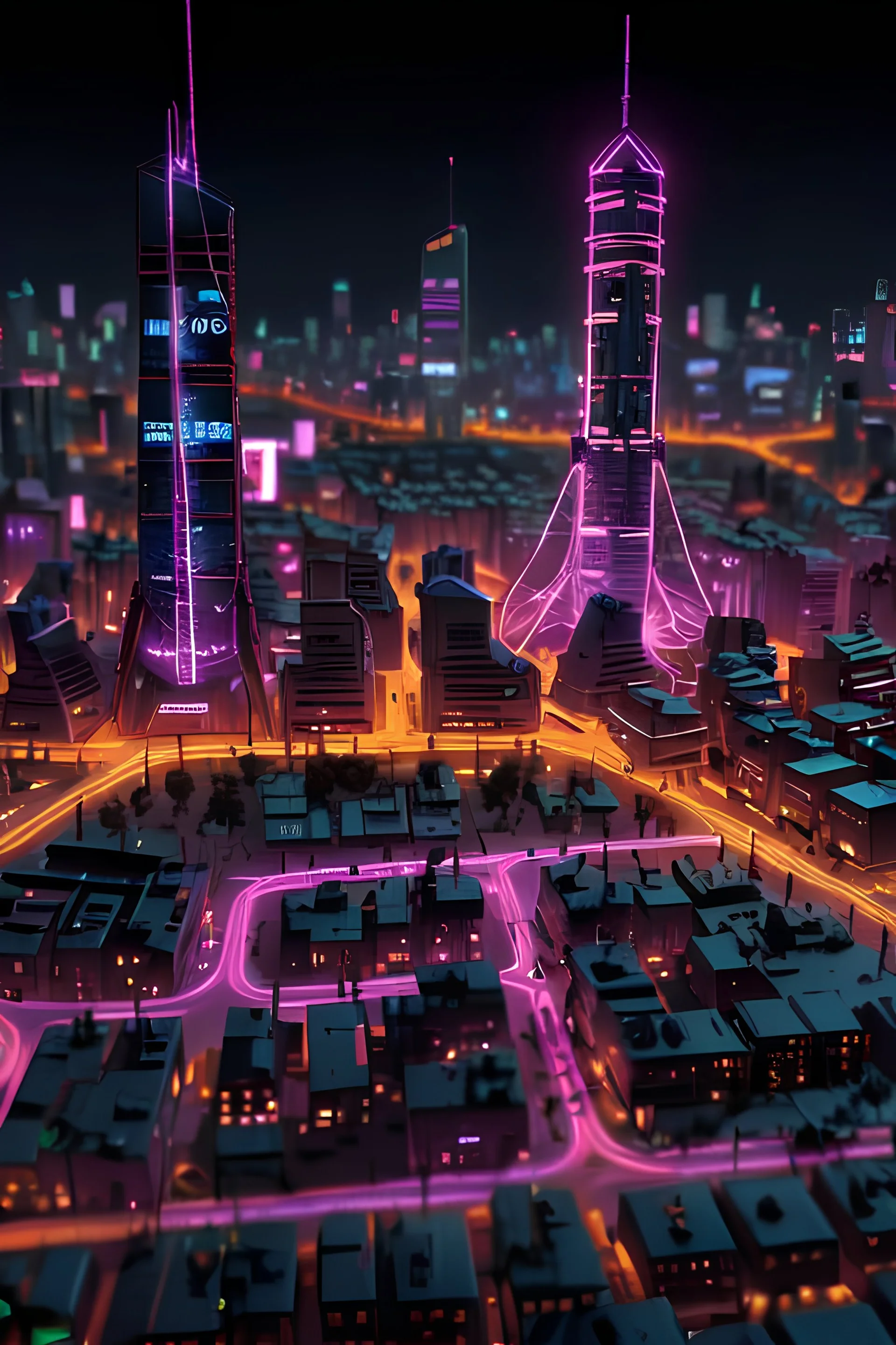 Create a top-down view of a board game map set in 1980s Europe with a cyberpunk aesthetic. The map should be divided into distinct and vibrant areas, each representing a different theme: