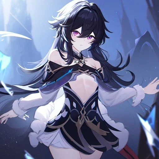 Clear focus, High resolution, rough line sketch art, long black hair, hair between eyes, fluffy hair, purple eyes, wearing a off shoulder shirt, no spaghetti strapes, dark aura, 1girl, wearing a skirt, genshin impact, wearing a little bit revealing outfit