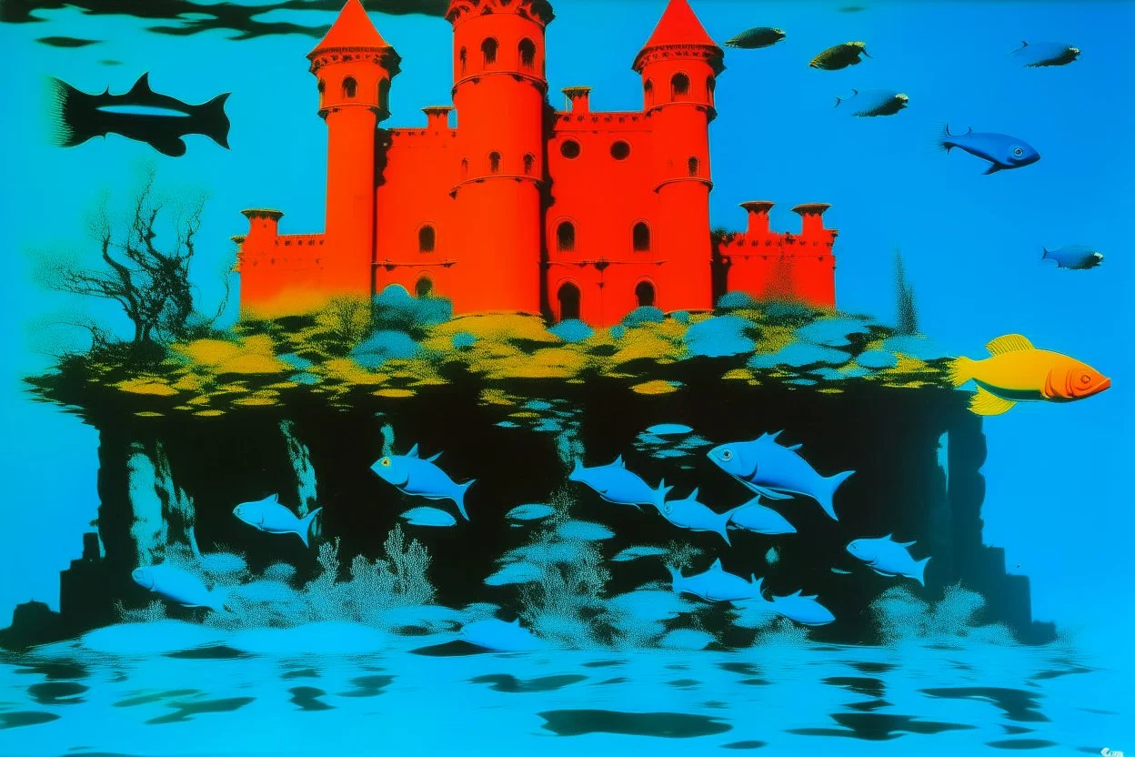 An underwater castle with fish painted by Andy Warhol