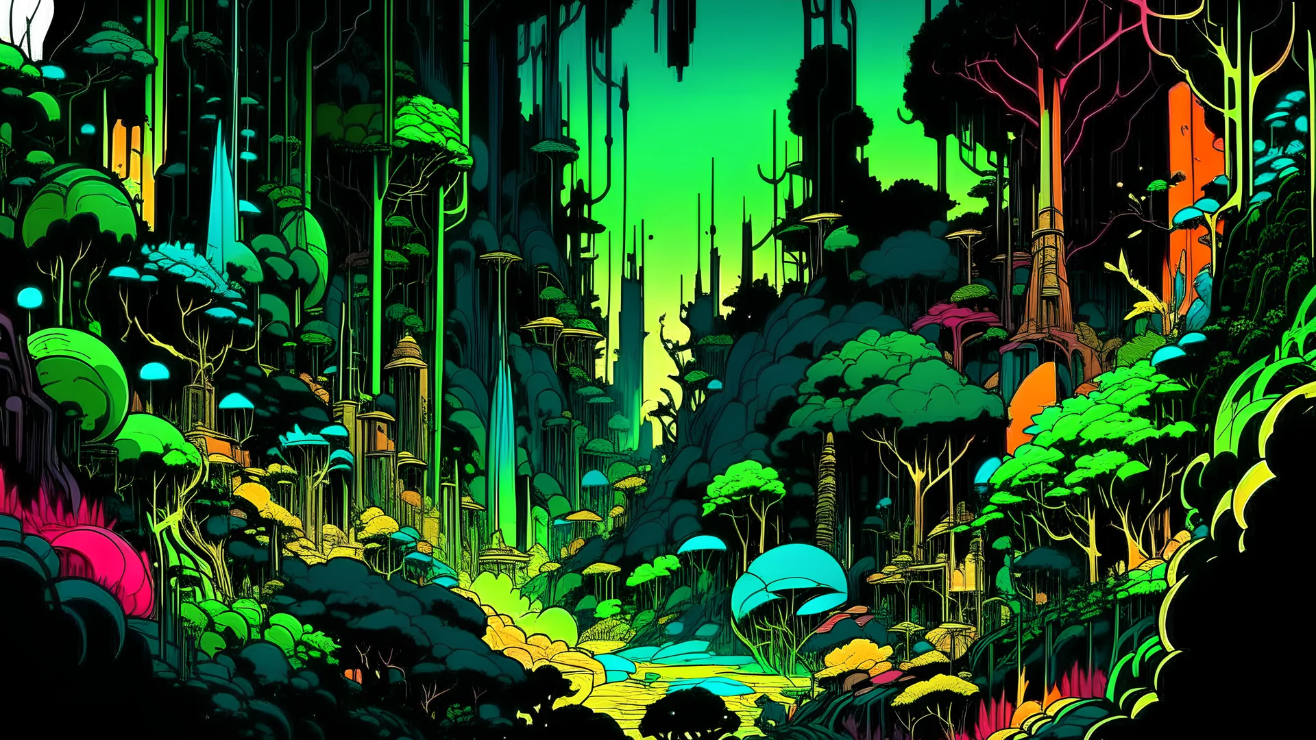 comic style, 80's landscape, wooden city in the jungle, negative space, space quixotic dreams, temporal hallucination, psychedelic, intricate details, very bright neon colors with a lot of green and deep black background, 4K, very high contrast, chiaroscuro