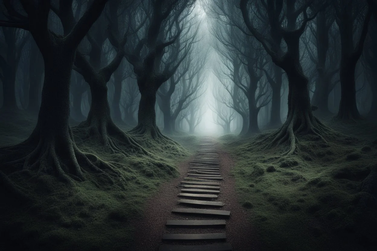 лес темный, с тропинками ведущая вперед
