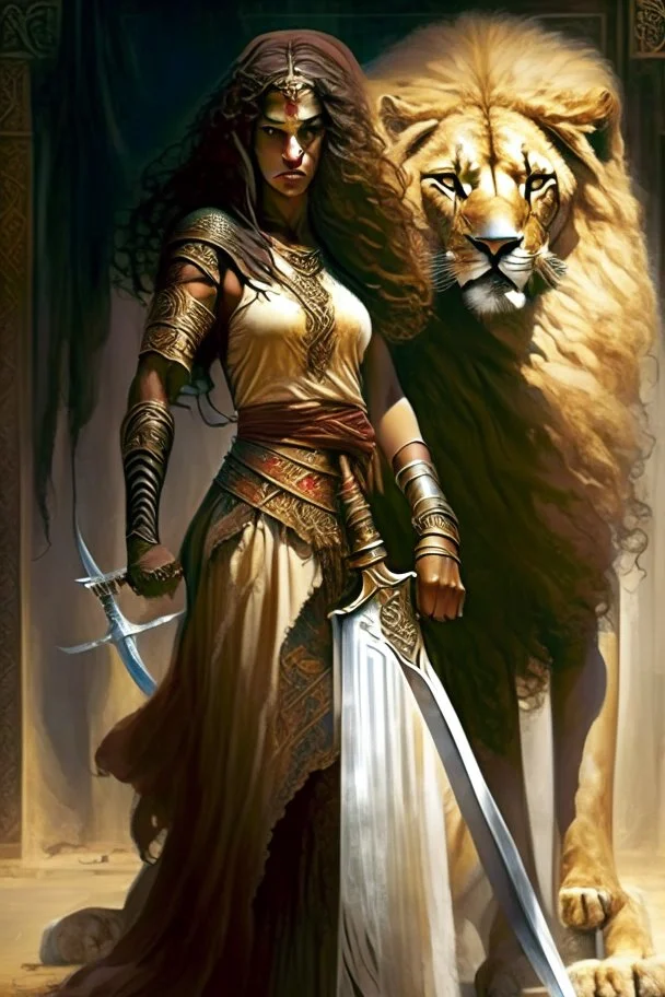 An Arab warrior, a full-body female, whose hair is not visible from the dress, holding a sword, standing next to a powerful lion