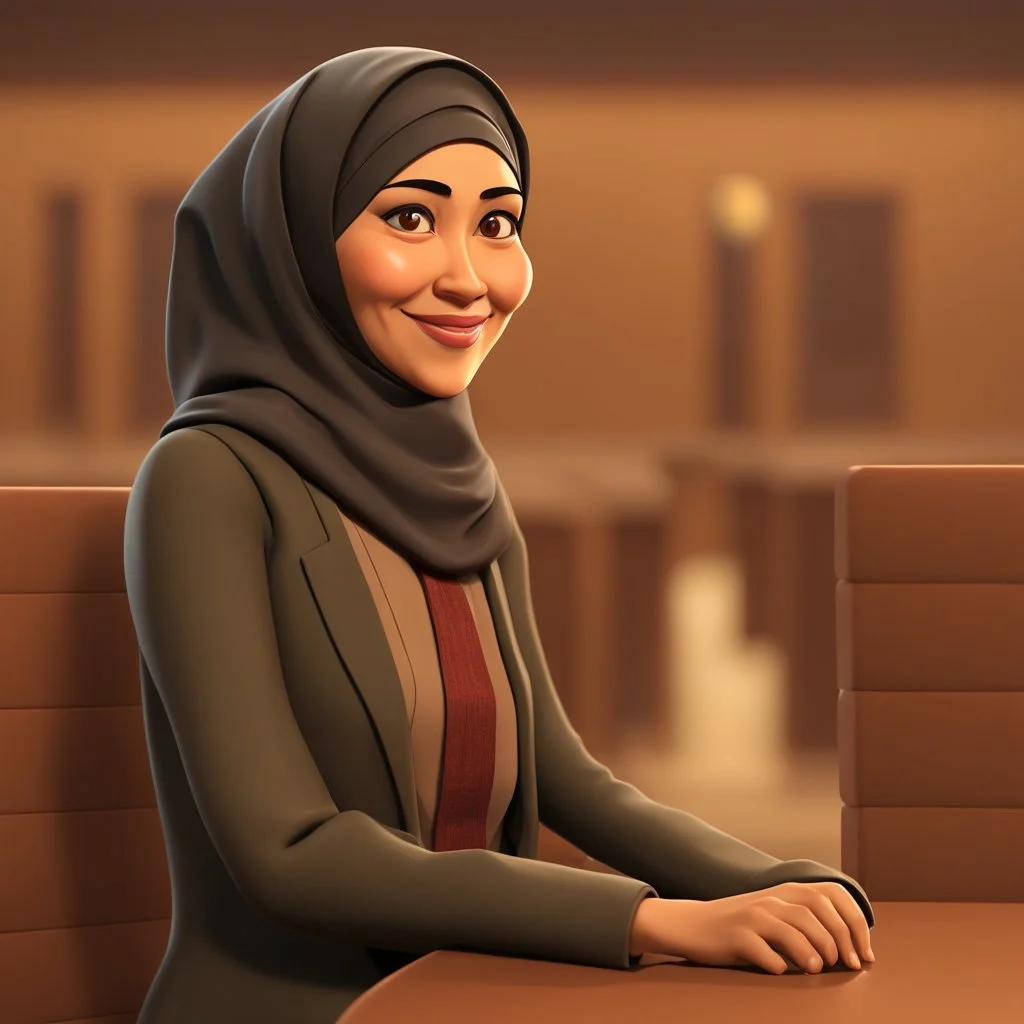 a portrait of smiling moslem woman. 45 years old. indonesian. cartoonize carricature. thin face. small body. wearing black headscarf. warm undertone brown face skin. black eye pupils. oblong face shape. formal blazer dress. pixar style. 3D. 4k. portrait. highly detailed. sharp focus. high resolution. full color. cinema lighting