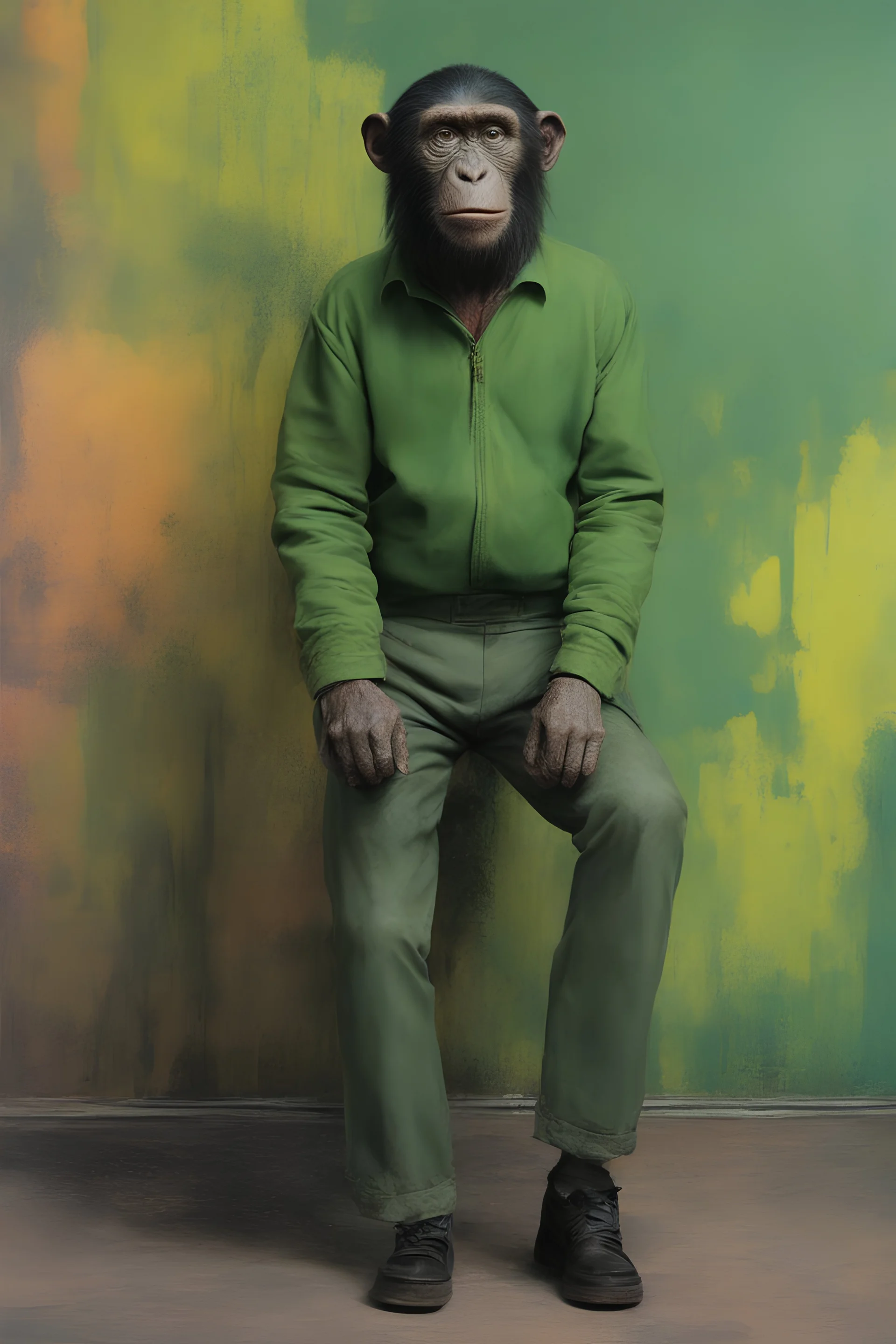 Roddy McDowall as Cornelius the chimpanzee from Planet of the Apes wearing a green jacket, an olive green t-shirt and dark green trousers with black slip-ons - extremely colorful, multicolored paint splattered wall in the background, oil painting by Leonardo da Vinci