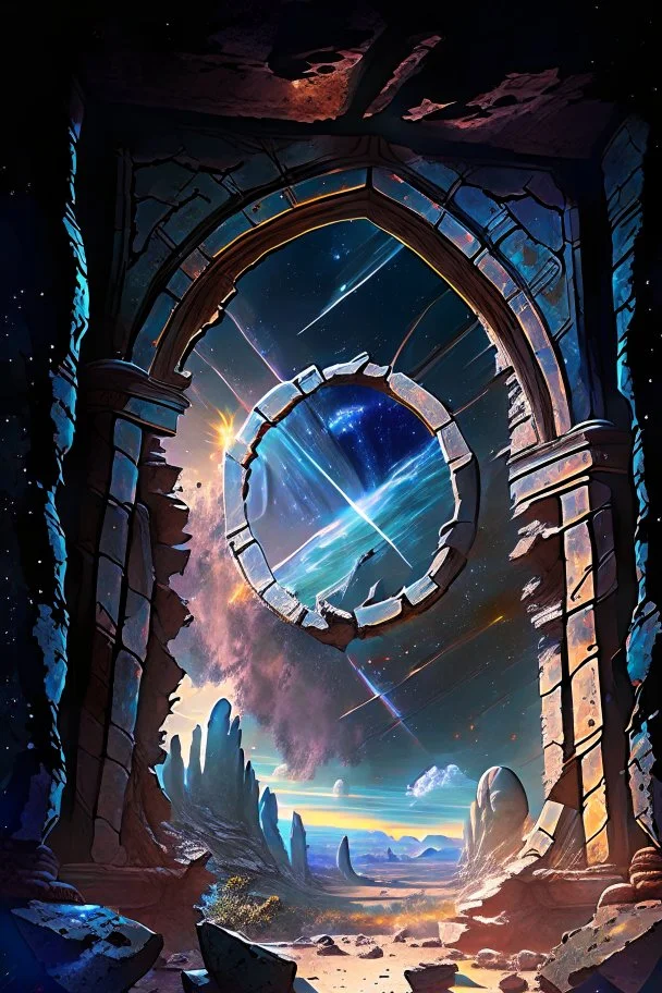 Ancient stone alien ruin in space with huge window looking out into a supernova rpg art painterly