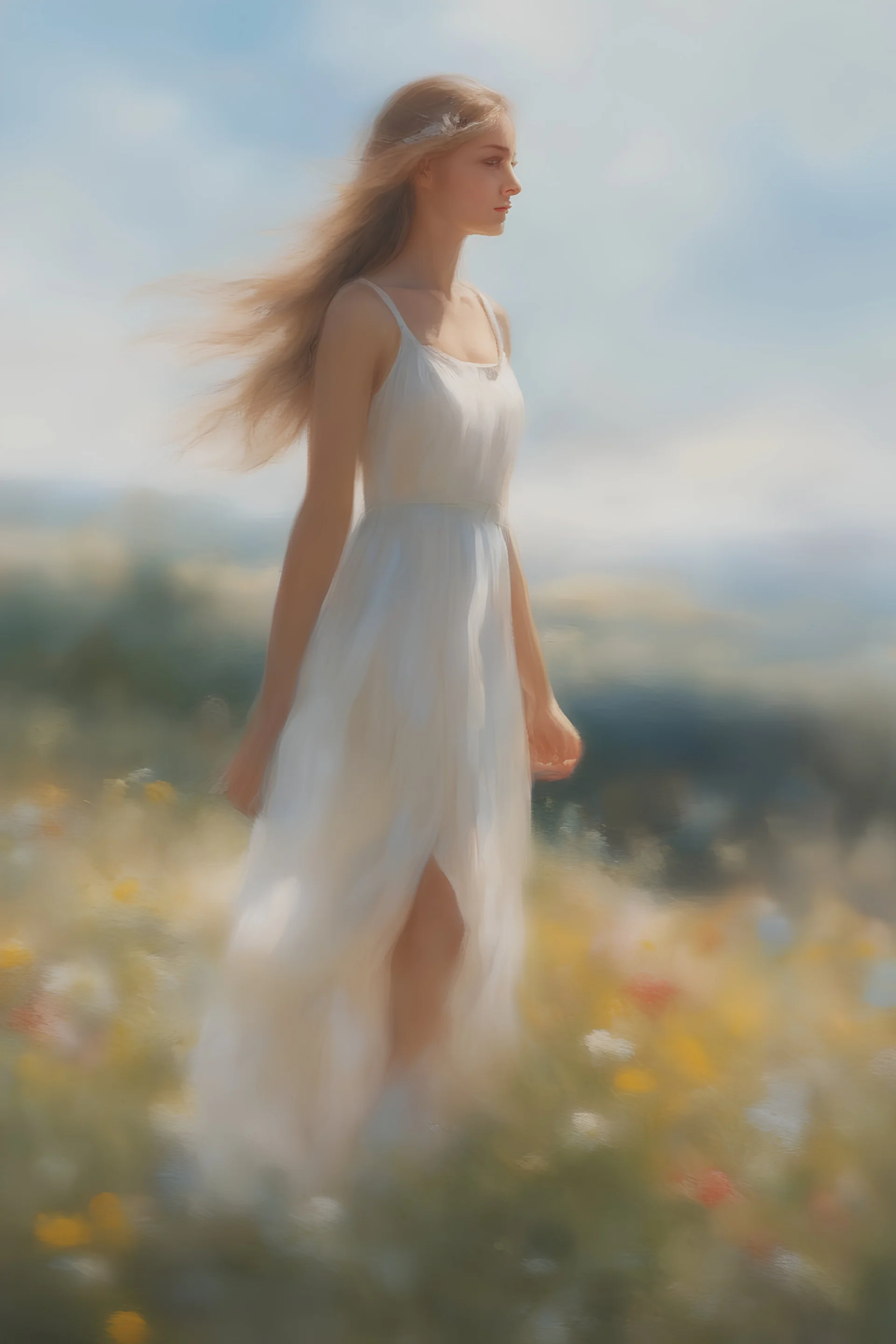 Fantasy illustration, Oil painting style, a sunlit meadow with wildflowers flowing in the wind, extremely beautiful girl in a white summer dress standing there enjoying the warmth of the sun, hands playing with the flowers, playful atmosphere, detailed illustration, beautiful color palette, incredible details, in the style of Leonardo Da Vinci, oil painting, heavy strokes, paint dripping