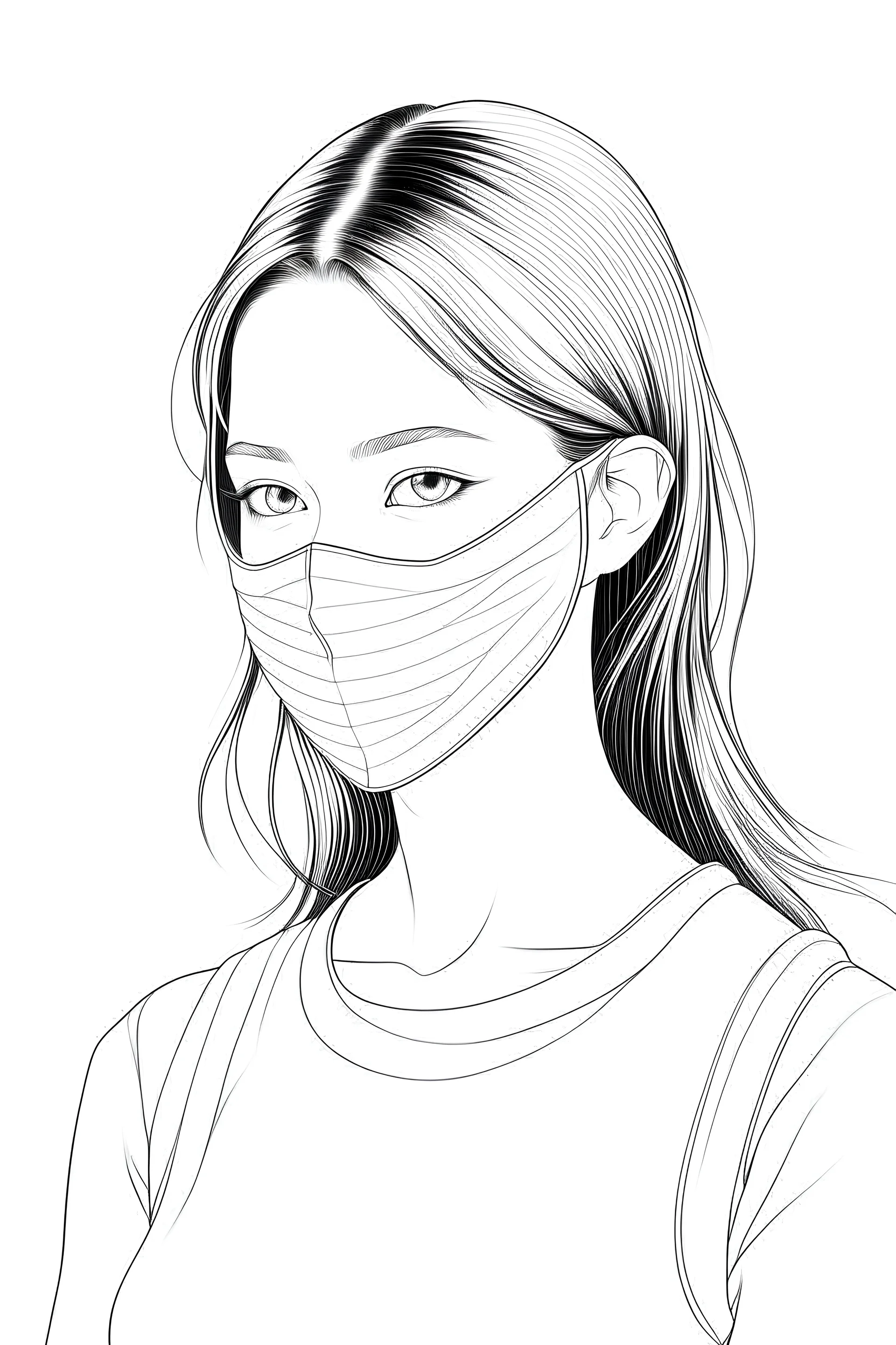 Page with, a girl with a mask. white background, sketch style, only use outline, Japanese style, clean line art, white background, no shadows, and clear and well-outlined