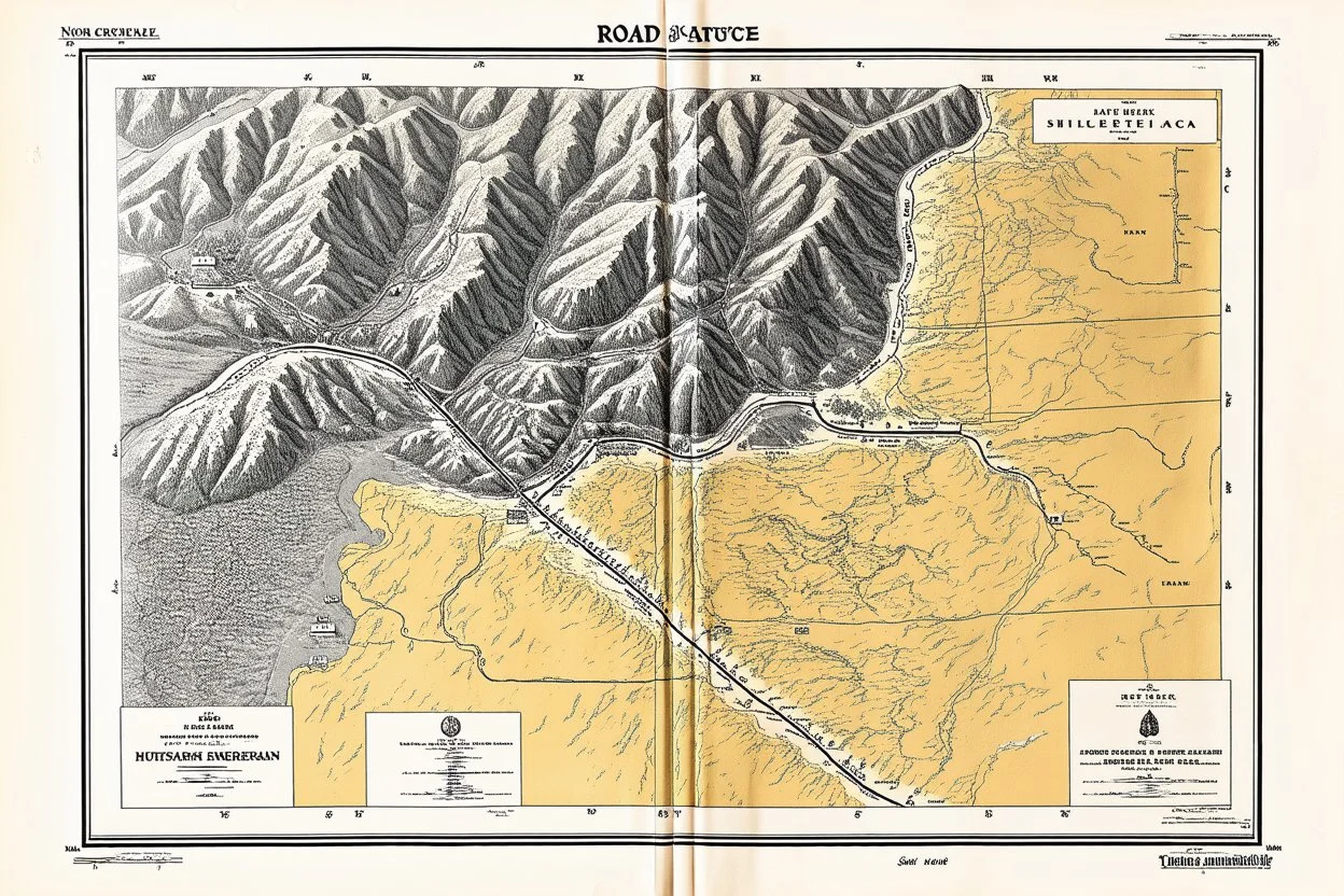 a scan of an ancient North American Cree printed road map of a fictional place that was black and white but has since been stained and weathered