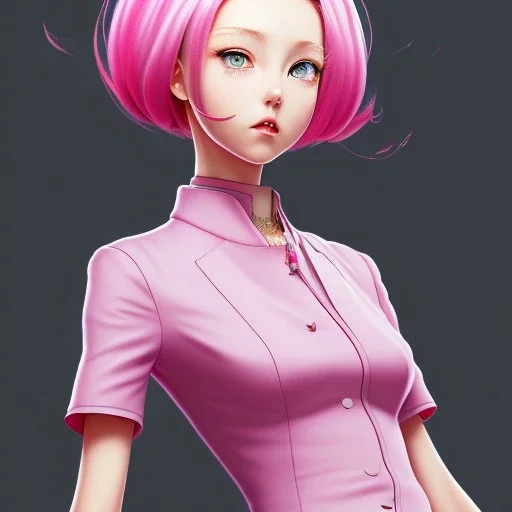 Personagem de anime de cabelo rosa,dona de casa usando um vestido rosa,medio detalhe,media resolução,pintado por Hirohiko araki