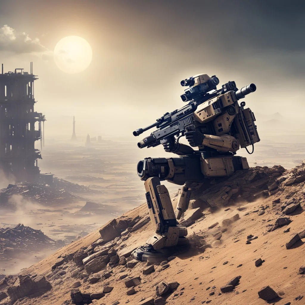 Scifi robotic sniper, on the top of a ruined building, in the dust