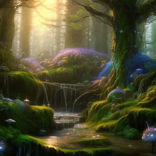 fantasy concept art, dynamic lighting, Intricately detailed, Splash screen art, deep color, Unreal Engine, volumetric lighting, blue flowers, moss, leather, creek, pond, fantasy forest artwork,